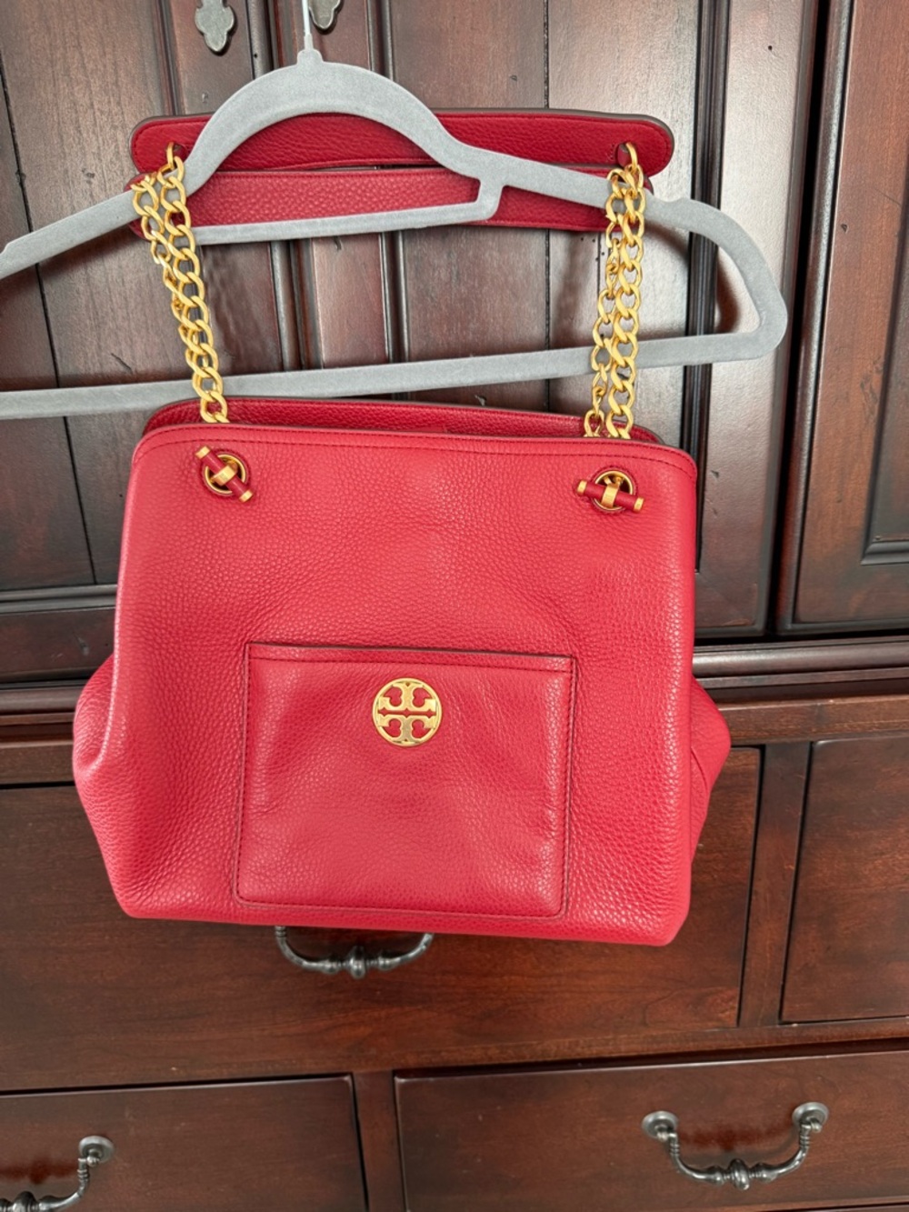 Tory Burch Red Pebbled Leather Shoulder Tote with Gold Chain Straps